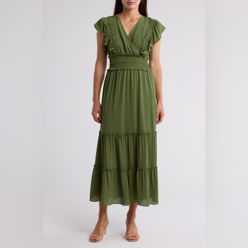 Max Studio Green Ruched Tiered Sundress